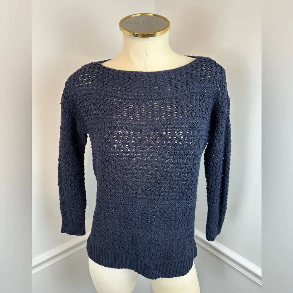 LOFT Navy Textured Open Stitch Knit Pullover Sweater | Size XS
